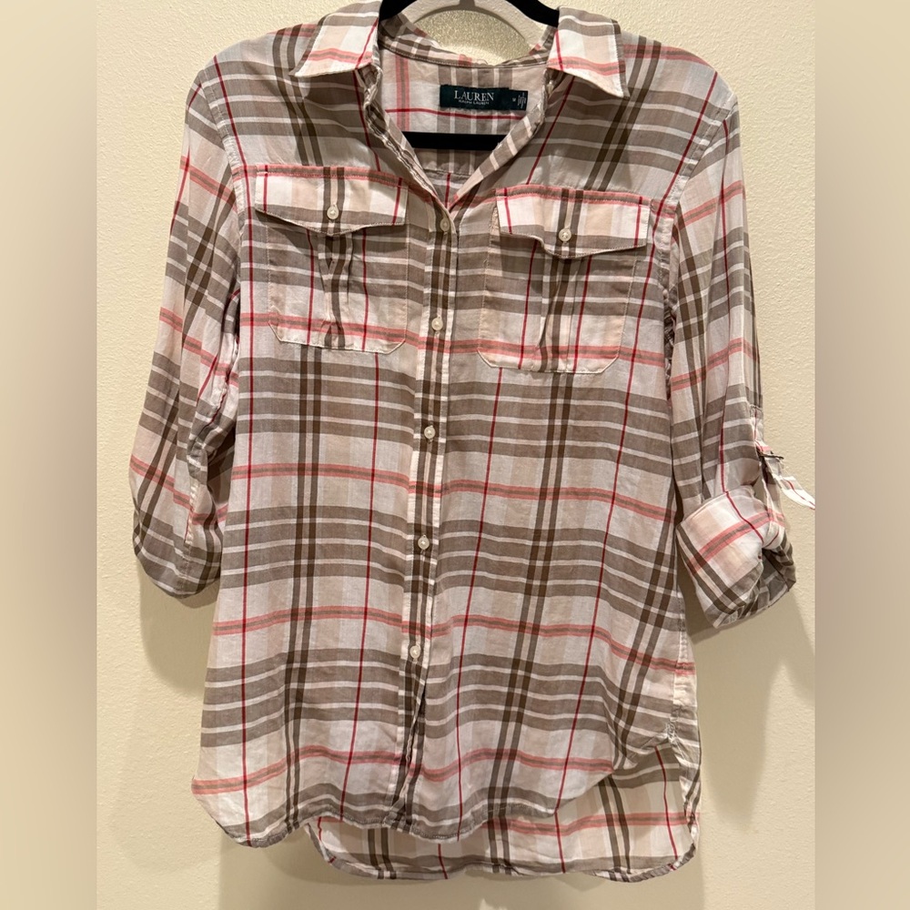 Lauren Ralph Lauren Checkered Button Down Shirt - Brown, Red, White